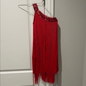 Red Fringe One-Shoulder Dress